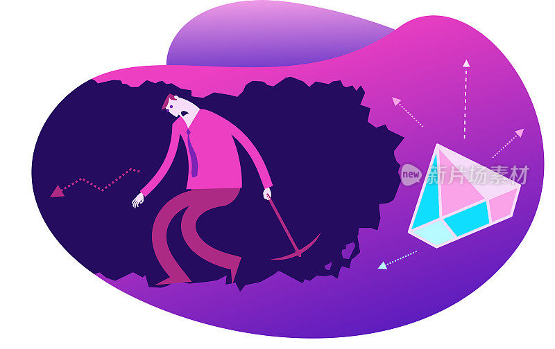 Flat design illustration for presentation, web, landing page: A man digs in a tunnel trying to get to the goal, rewards. He gave up and stopped trying. The fatigue and impotence of man.